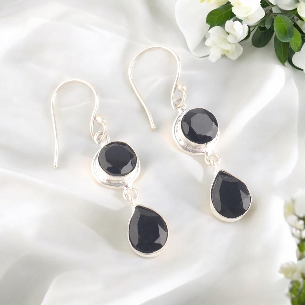 Black Onyx Gemstone 925 Sterling Silver Handmade Jewelry Earrings 1.8" For Gift EE-142-14