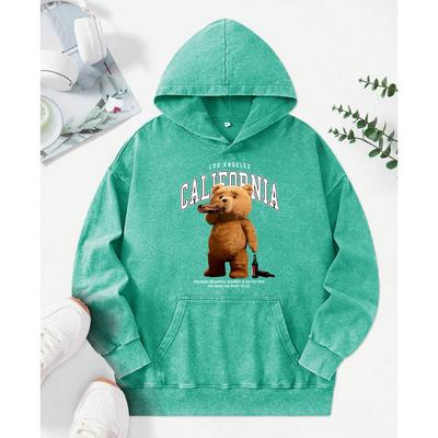 Felpe con Cappuccio Lavate con Stampa Kawaii di un Orso che Beve Birra Autunno Cotone Pullover Tasca Oversize Felpa con Cappuccio Abbigliamento Donna