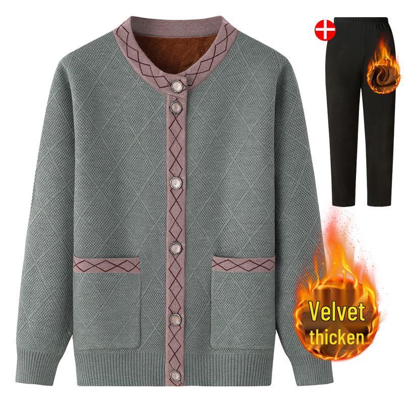Women's Fleece-Lined Knitted Cardigan for Autumn/Winter - Ideal for Middle-Aged and Elderly.