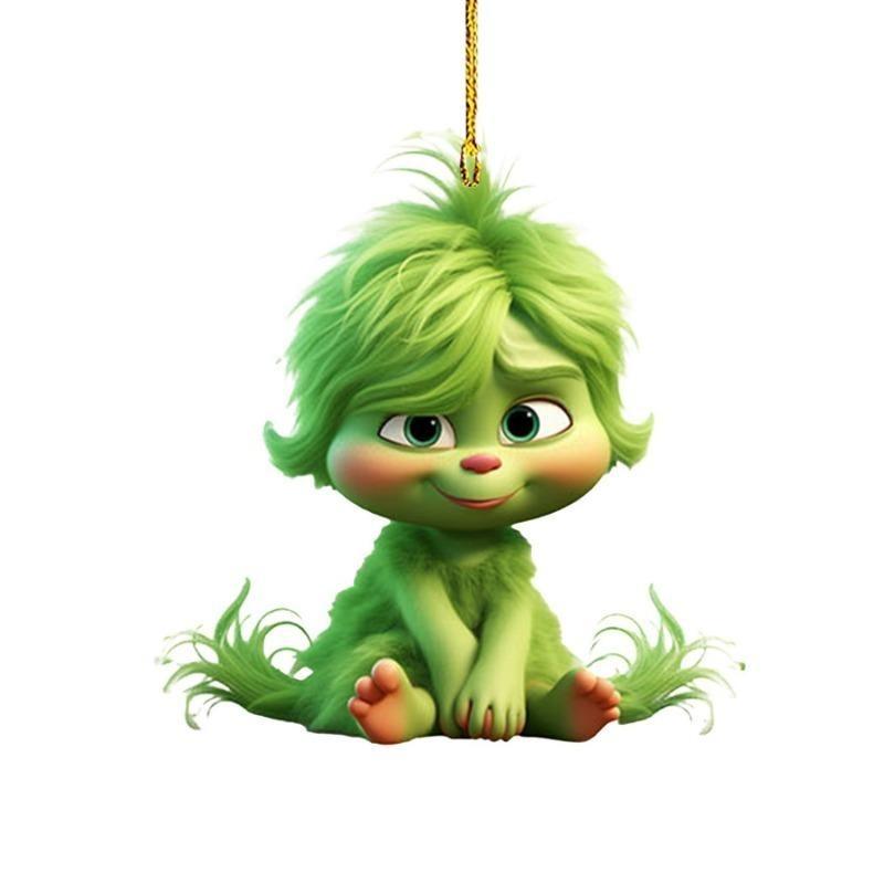Acrylic Flat 2D Christmas Tree Pendant, Mirror Green Hair Monster - for Holiday Decorations, Halloween, Thanksgiving Flat Christmas Tree Pendant