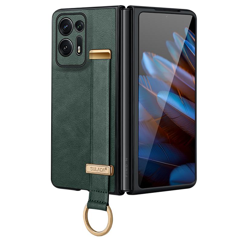 SULADA Fashion Series For Oppo Find N2 5G Crazy Horse Texture Phone Case Leather Coated PC+TPU Anti-drop Cover with Wristband Kickstand