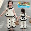 Girls' summer black bow polka dot doll shirt set, stylish and stylish, two cartoon wide leg pants for little girls
