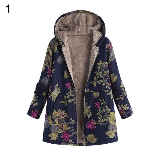 Winter Fashion Floral Leaf Print Fleece Lining Women Long Sleeve Hooded Coat