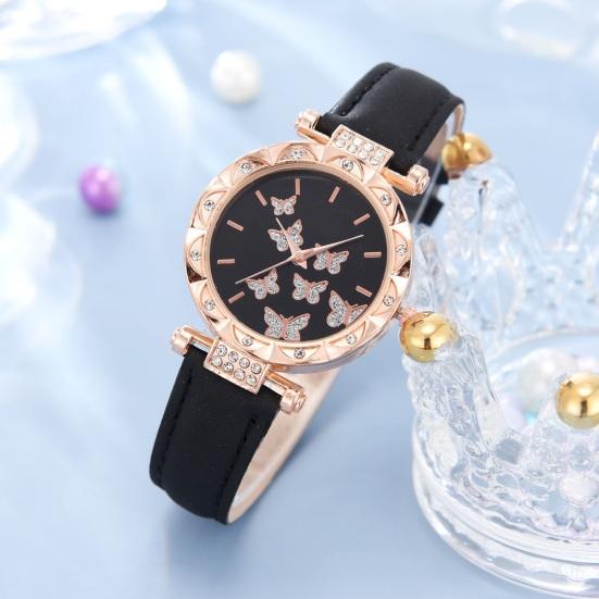 Yousheng 1 Set Women Watch Necklace Bracelet Ring Ear Studs Rhinestone Butterflies Round Faux Leather Strap Ladies Dress Wrist Watch Fashion Jewelry