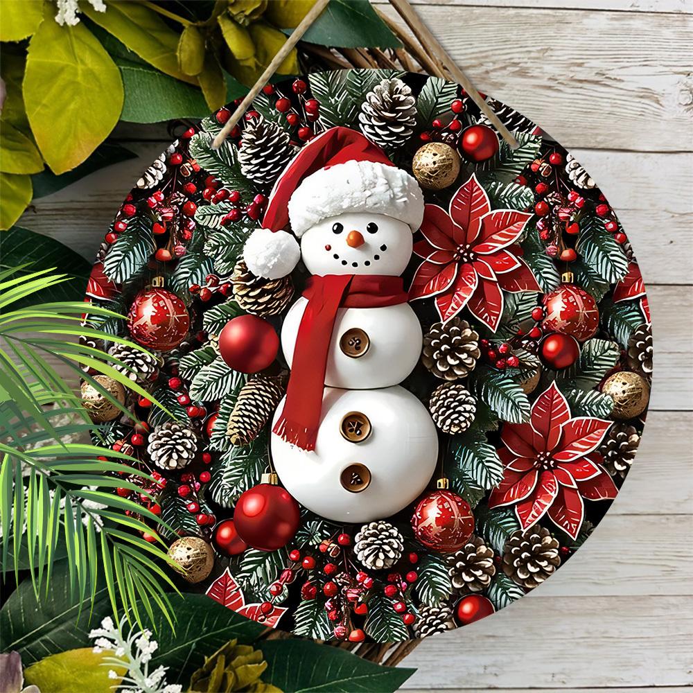 Wooden Christmas Sign with Adorable Snowman Pattern, Christmas Decorative Plaque & Sign for Front Door Wall Hanging Decor, Ideal Christmas Ornament