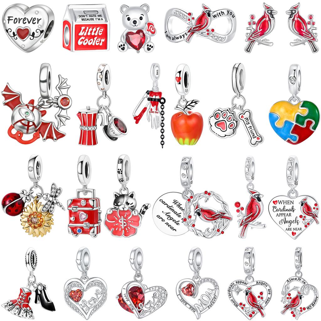 New Original Copper Red Charms Red Bird Heart Mushroom Beads Pendants Fit Bracelet Necklace Diy Jewelry Gift