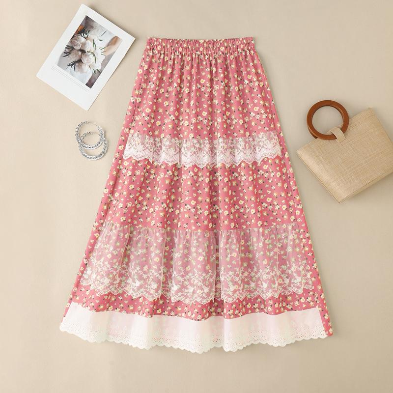 

ZANZEA Женская повседневная А-силуэтная юбка миди с принтом и кружевной отделкой 4XL розовый