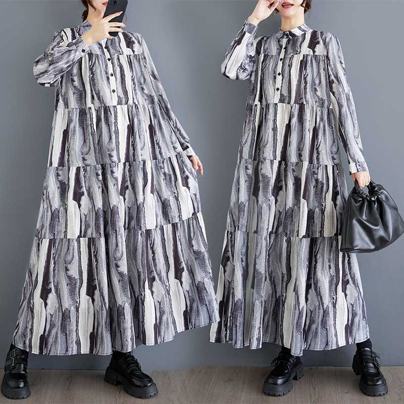 New Large Size Loose Thin Fashion Long-sleeved Printed Dresses