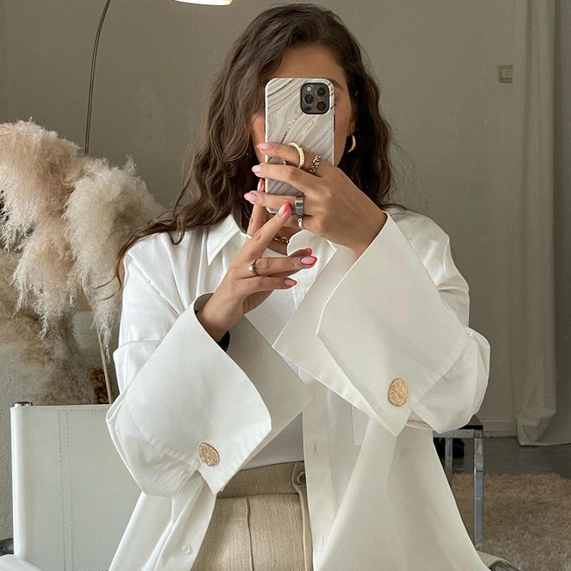 Tricou de primăvară cu mânecă lungă și buzunare duble, design vestimentar, Sense Niche, cămașă albă