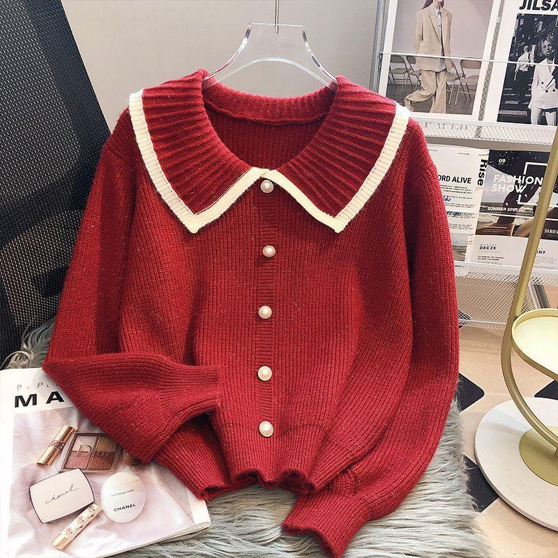 Early Autumn Doll Collar Knitted Cardigan Women's New Autumn Loose Temperament High-end Sweater Jacket