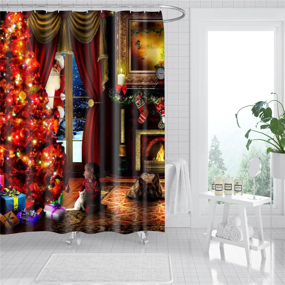 Merry Christmas Shower Curtains New Year Santa Bathroom Decor Bath Curtain Cartoon Snowman Elk Bath Bathroom Curtains