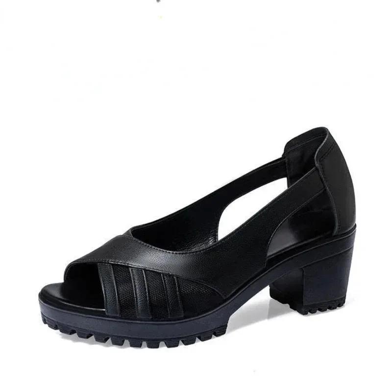 Fashion Women's Sandals 2024 Summer New Retro Fish Mouth Mesh Breathable Sandals Thick Bottom High Heels Soft Leather Sandals