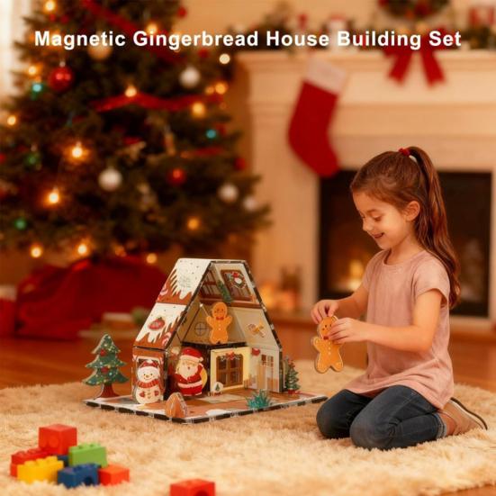 Magnetic Gingerbread House Building Set for Kids DIY Holiday Cookie House Toy with Magnetic Tiles Winter Theme Magnet Building