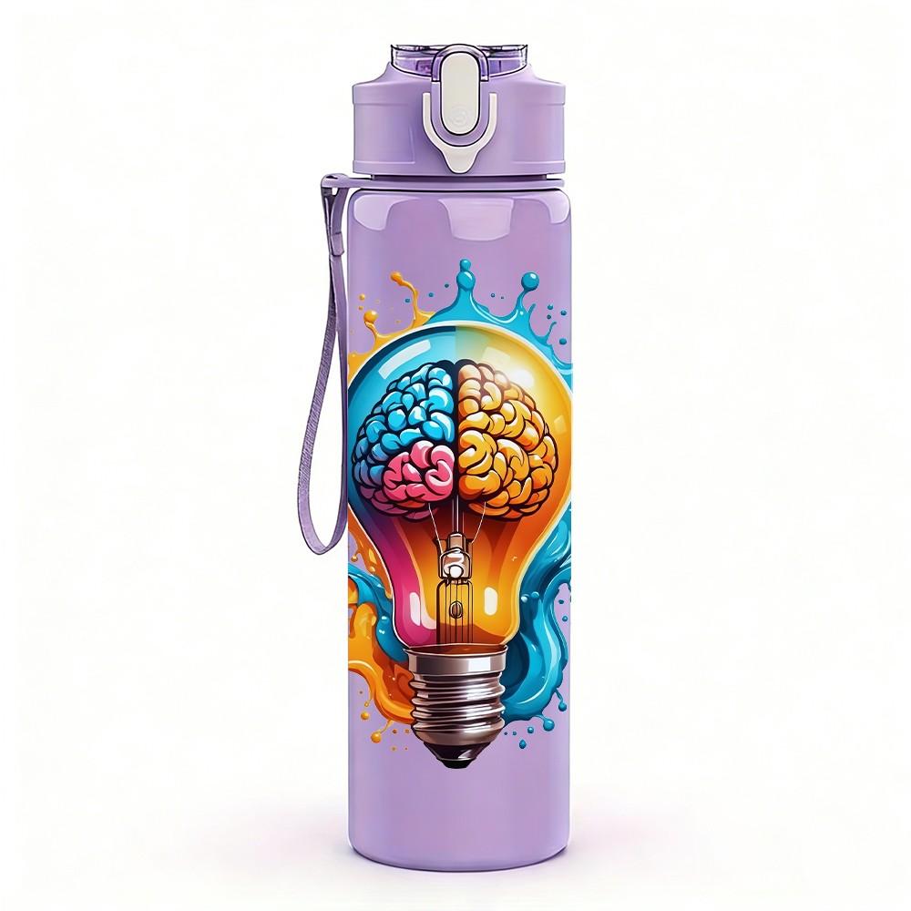 1PC Light Bulb Creative Idea Art Print 750ml Color Plastic Sports Water Bottle Leakproof Flip Straw Lid Suitable for Sports Office Home Use