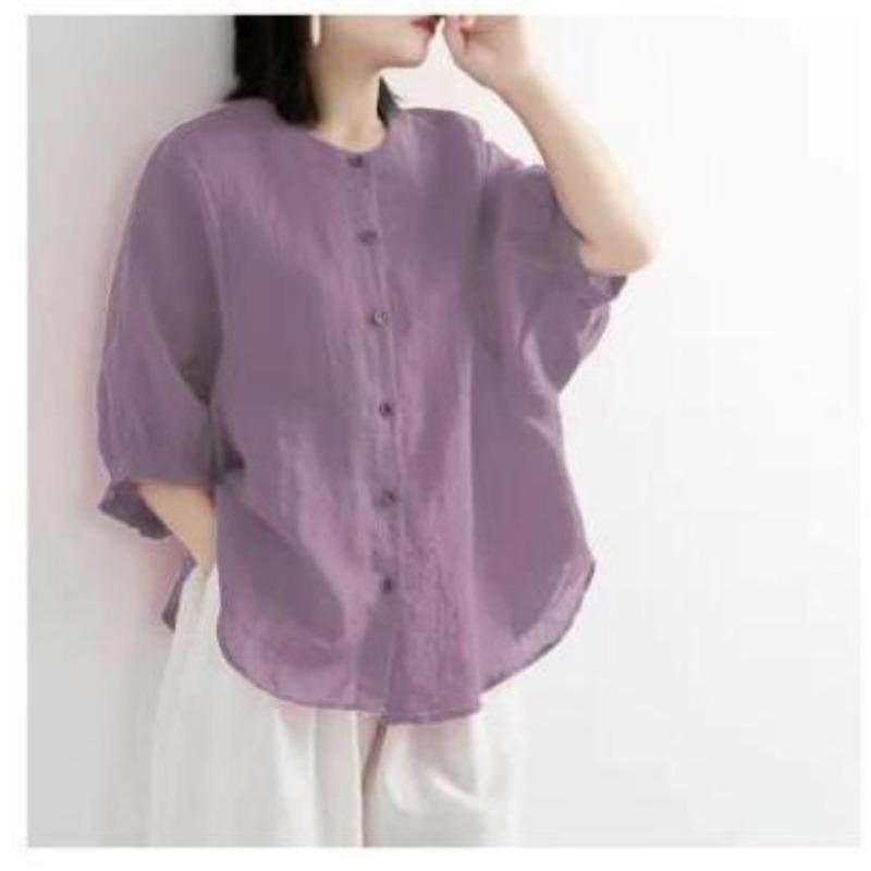Women's Summer Red Linen Blend Button Down Lantern Sleeve Blouse