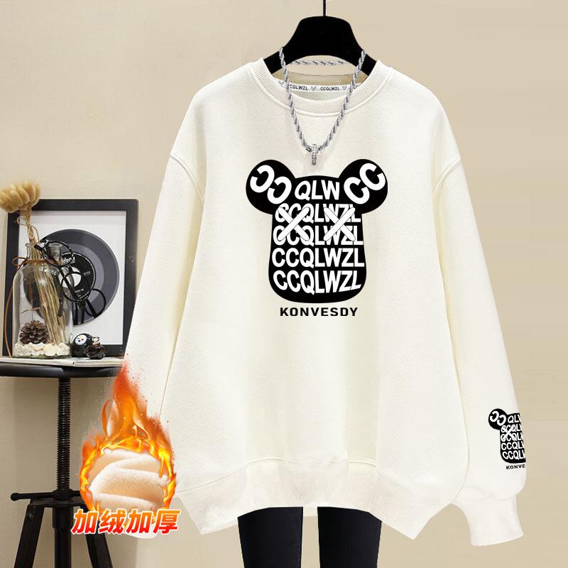 Cartoon pure cotton crew neck sweater women's 2025 autumn and winter velvet thickened casual fashion lazy wind loose large size women's clothing