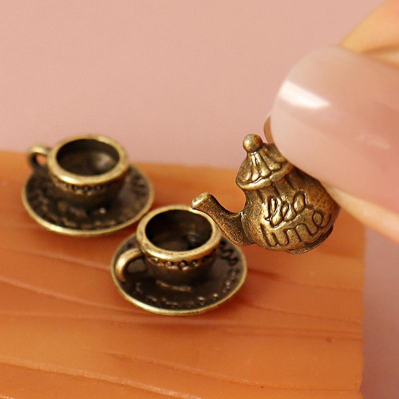 1Set 1:12 Dollhouse Miniature Teapot Cup Saucer Metal Tea Set Dining Table Model Decor Toy Doll House Accessories