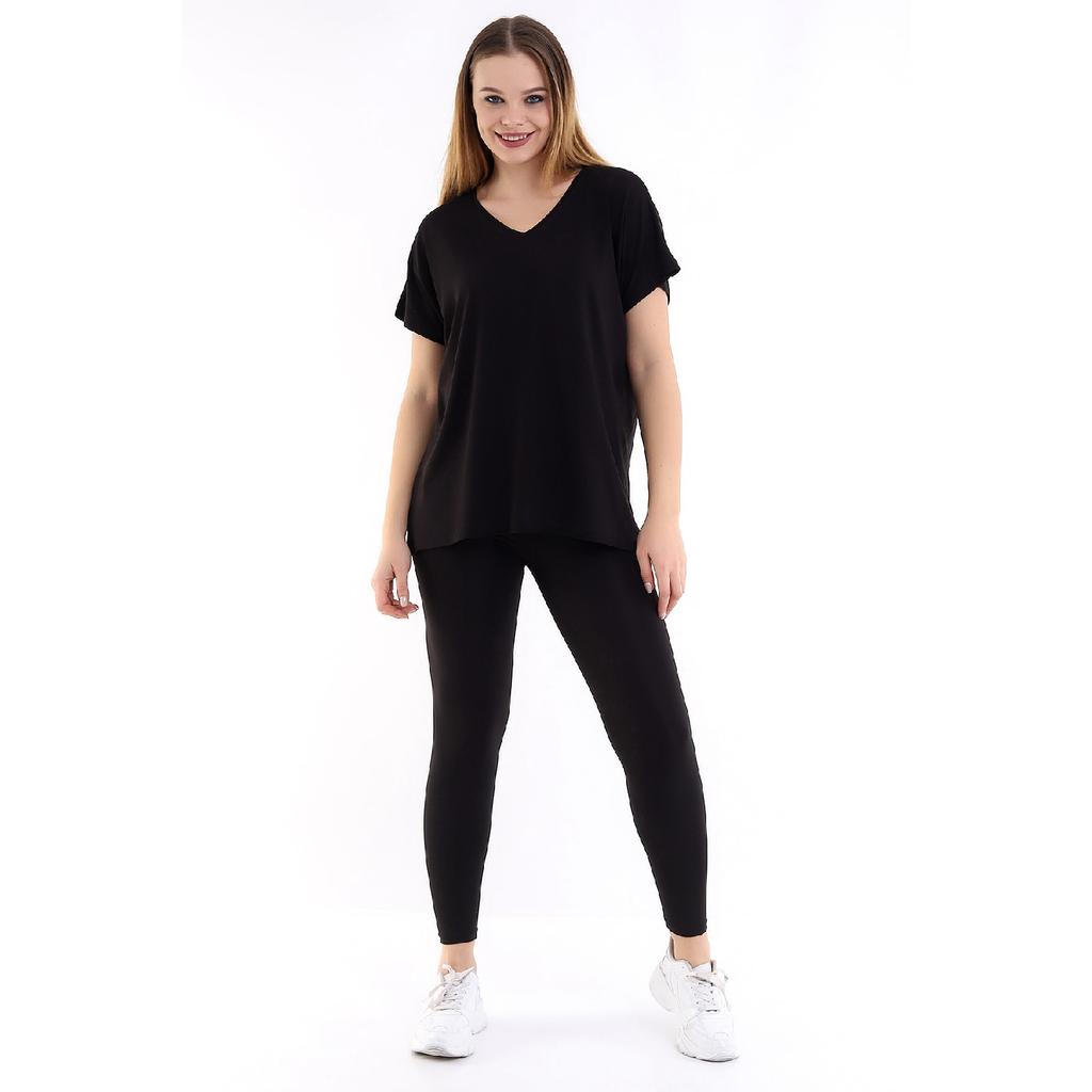 Damen Schwarzes Übergröße Basic T-Shirt mit V-Ausschnitt