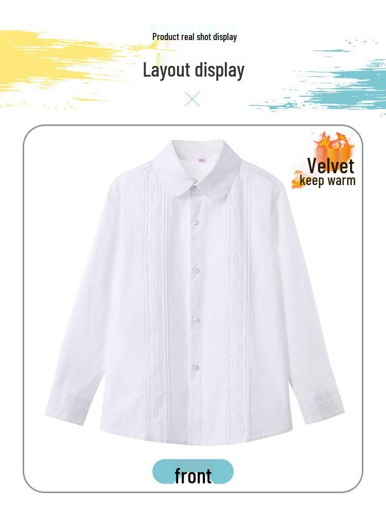 Girls' Long-Sleeve White Lace Shirt for Kids, 2023 - Pure Cotton School Uniform Blouse