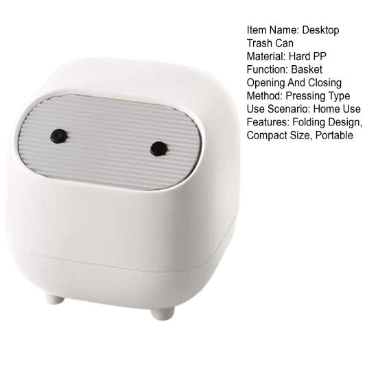 Desktop Trash Can with Folding Cover Press-Type Opening Mechanism Compact Size Cartoon Shape Trash Bin