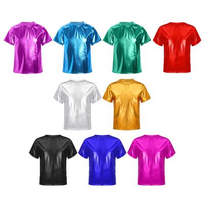 Girls Metallic Shiny Short Sleeve T-Shirt Round Neck Dance Party Performance Top