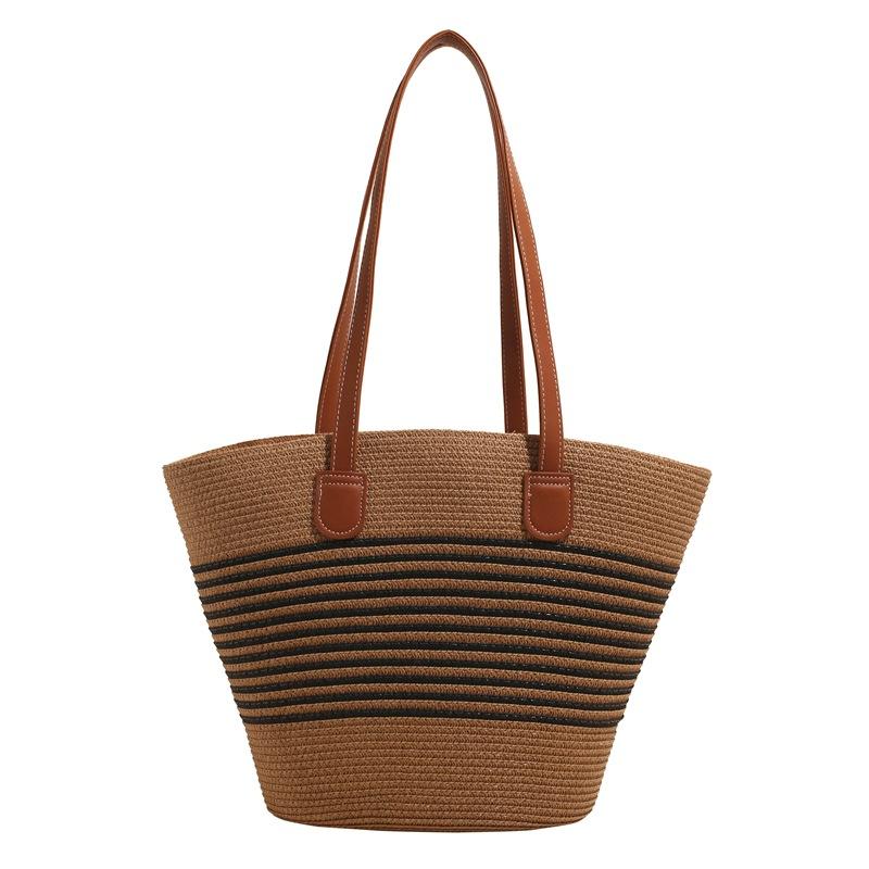 Straw Bag Women's Spring Handbag Seaside Bucket Bag Large Capacity Woven Shoulder Bag Woven Straw Bag Bucket Bag