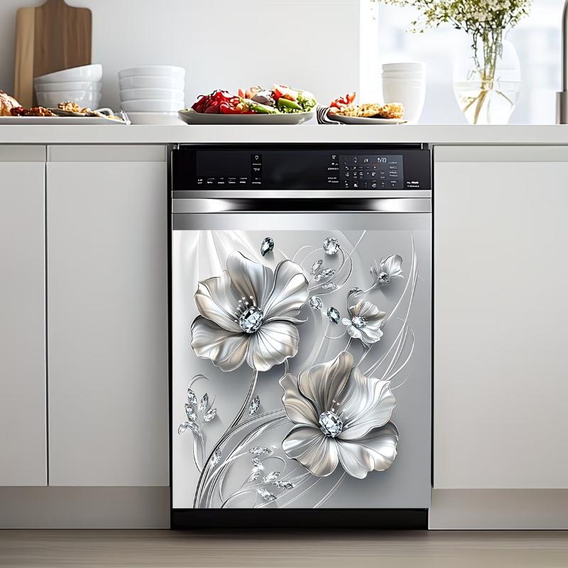 Silvery Floral Decal Kitchen Fridge Dishwasher Sticker Self-Adhesive Removable Wall Decals Home Decor