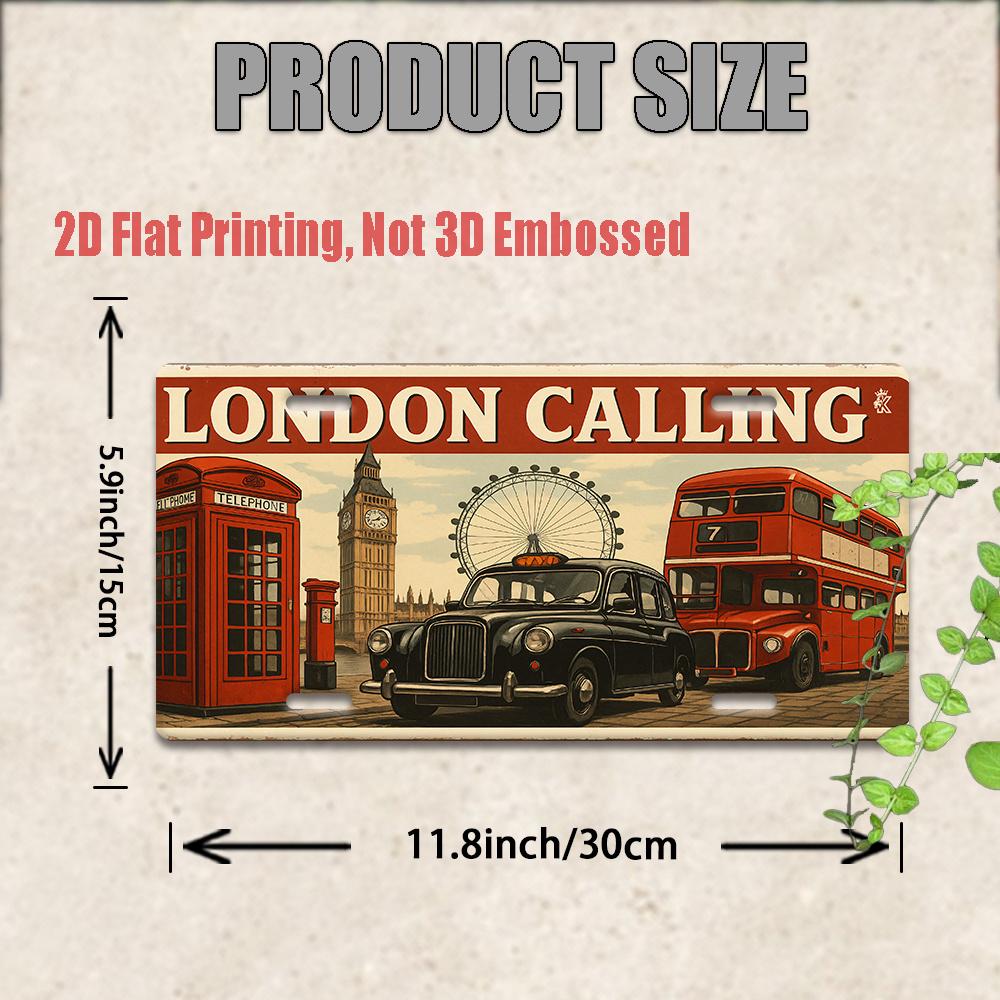 London Calling Metal License Plate -  Retro Aluminum Wall Art, London Landmark Design with Red Double-Decker Bus & Big Ben Clock
