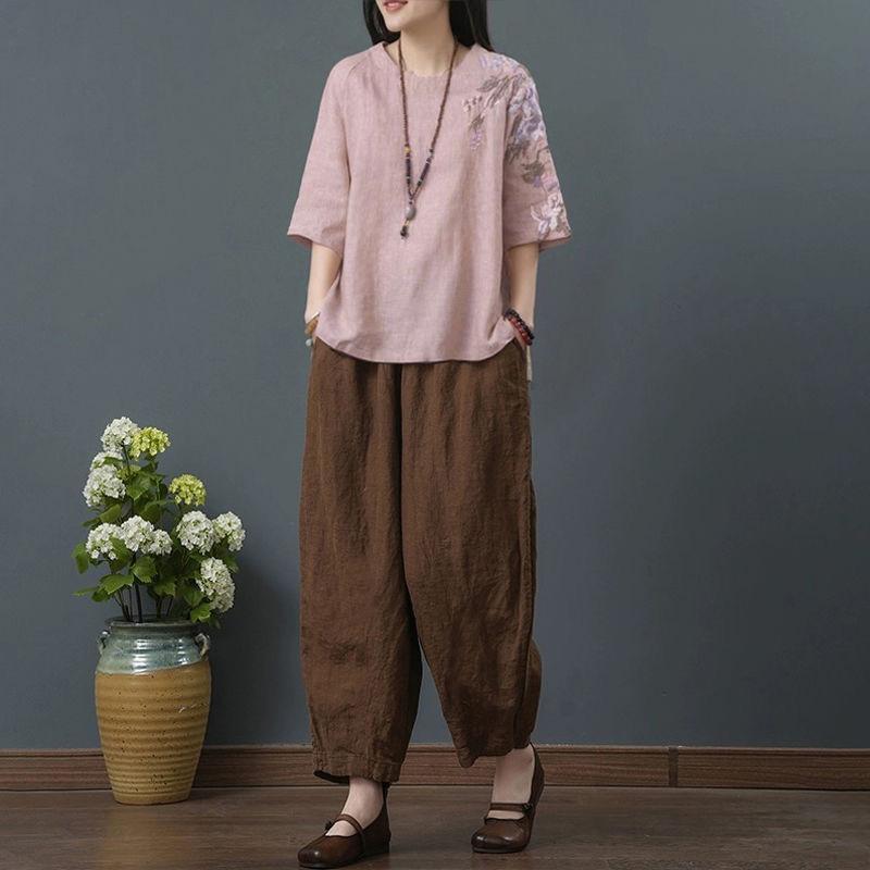 Summer Linen Embroidered Cotton and Linen Tops Women's Short Sleeve T-shirt Cropped Pants Set