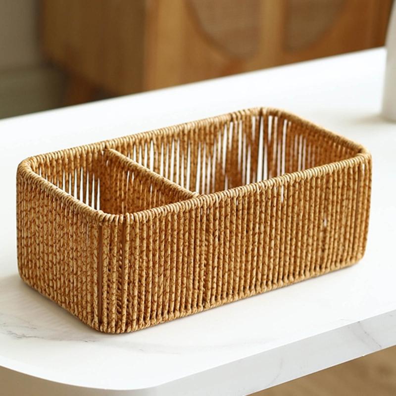 Sturdy Handwoven Storage Box Divided Sections Living Room Desktop Organization