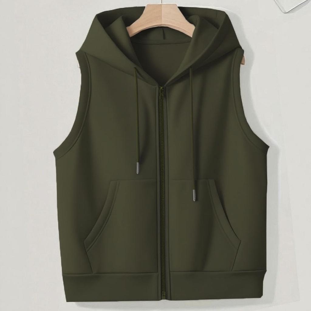 Women's Solid Color Plus Size Fashionable Hooded Drawstring Pocket Vest Top Jacket