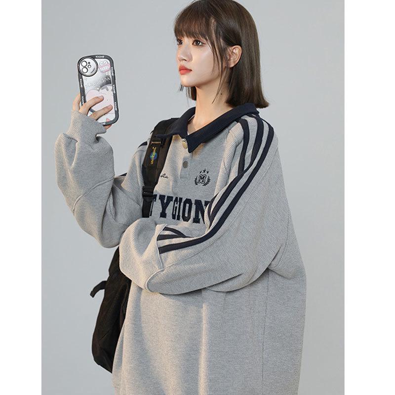 

2025 Women s Grey Polo Collar Embroidered Sweatshirt – New Trend Oversized Loose Fit for Spring/Autumn L [100-125 lbs]