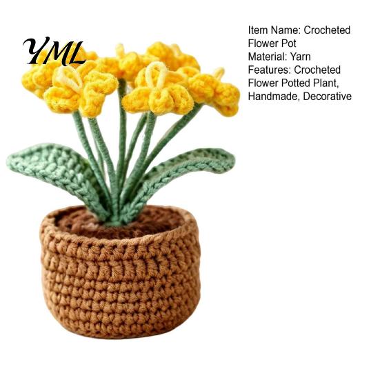 Handmade Knitted Potted Plant Crocheted Flower Plant, Artificial Yarn Ornament, Vibrant Multi-color Cute Desk Ornament for Office Desktop Car
