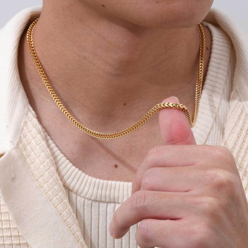 Gold Color Franco Chain Necklace for Men,3MM Wide Thick Stainless Steel Necklace Collars,Classic Trendy Zircon Gifts