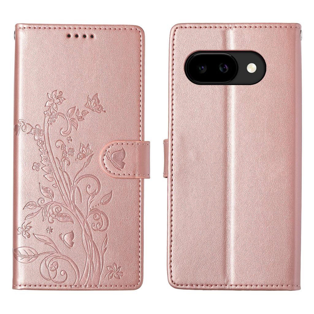 For Google Pixel 10a Wallet Case Butterfly Floral Imprint PU Leather Phone Cover with Wrist Strap