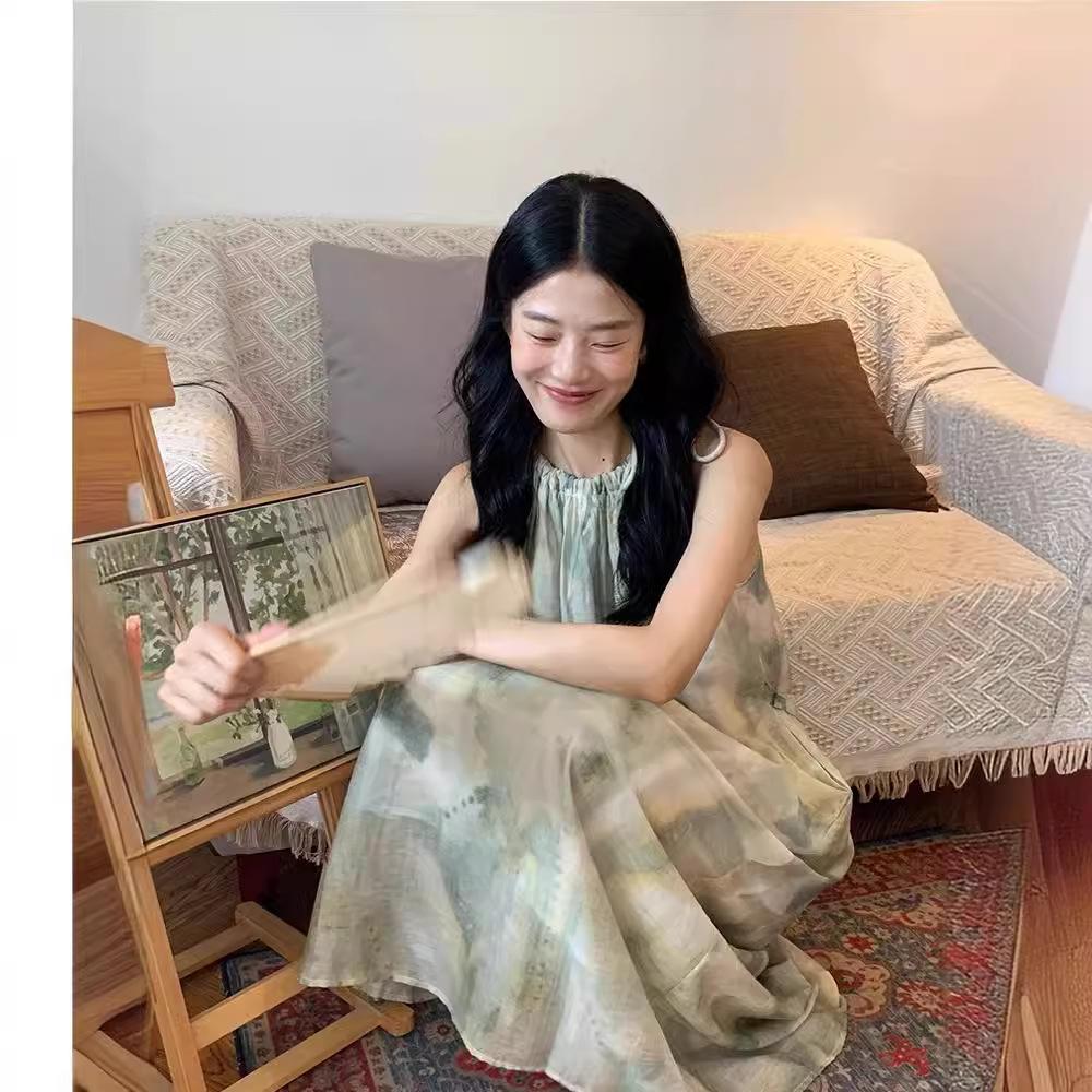 

New Chinese sleeveless smudged neck suspender dress women s clothing summer new lazy wind vacation long skirt S зелёный
