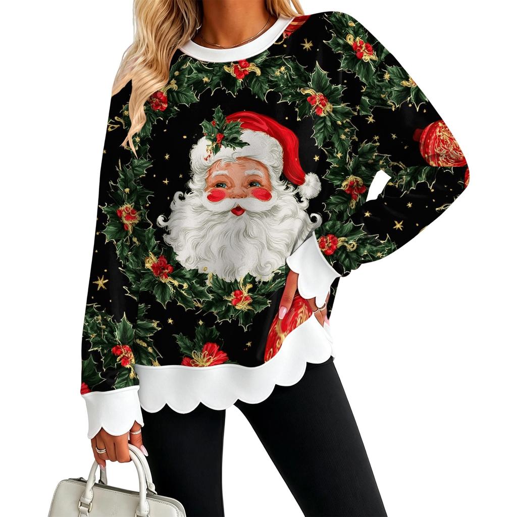 Women's Crewneck Sweatshirt with Scalloped Wavy Hem and Christmas Print for Holiday Casual Wear