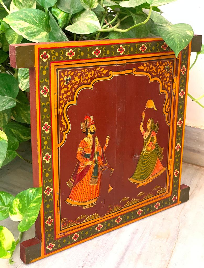 Antique Painted Indian Jharokha Window: Royal King Wall Hanging