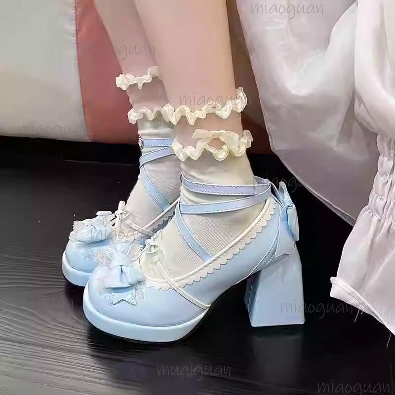 Fashion Women Platform Lolita Shoes Bowknot Mary Janes Shoes High Heels Trend Kawaii Leather Straps Fashion Chunky Heeled Pumps Size 34