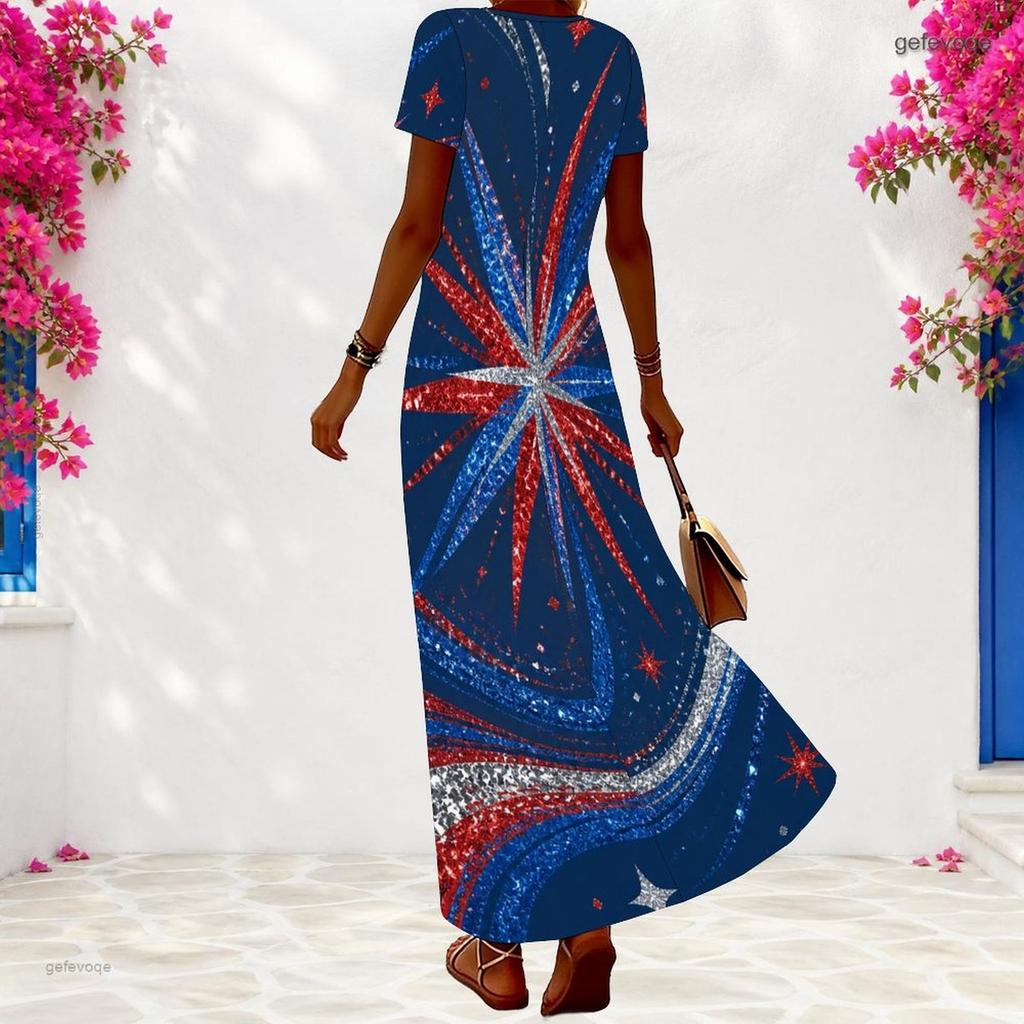 Women Plus Size V Neck Short Sleeve Maxi Dress Star Printed Red White Blue