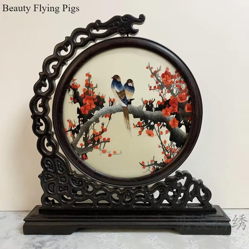 1pc, Su Embroidery Ornaments, Chinese Embroidery Crafts, Double Sided Embroidered Ornament, Solid Wood Desktop Decoration