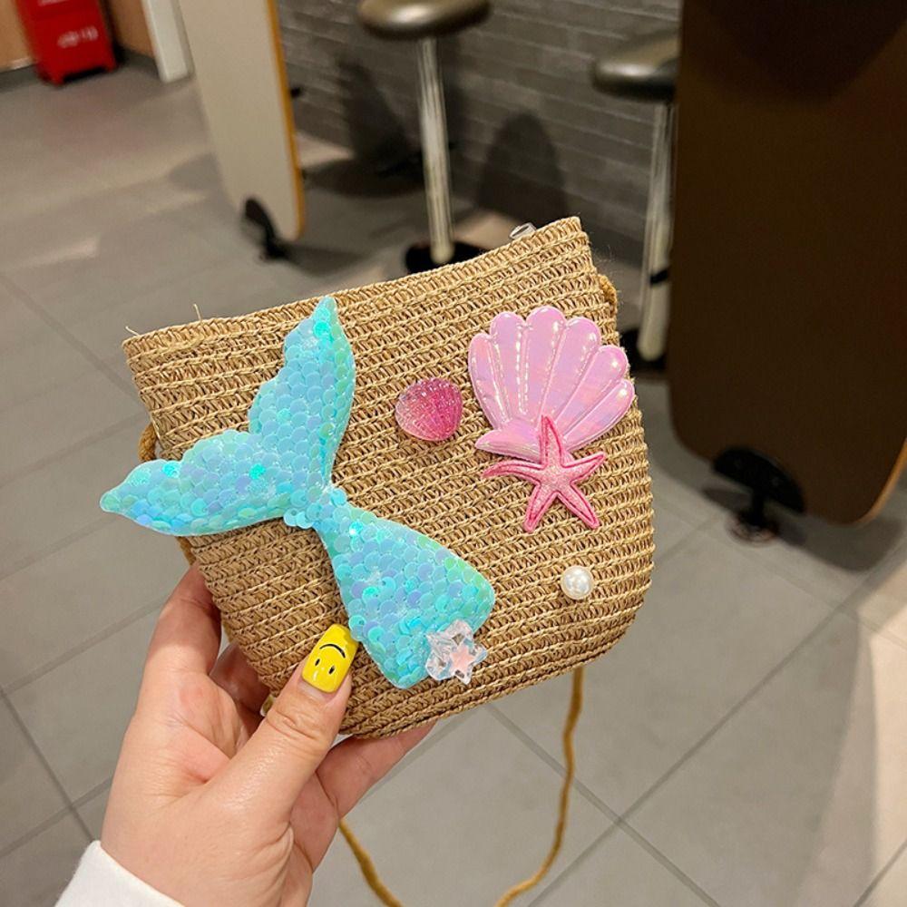 

Mermaid Straw Shoulder Bags Straw Mini Coin Purse Durable Handbags Kids Girls кавовий