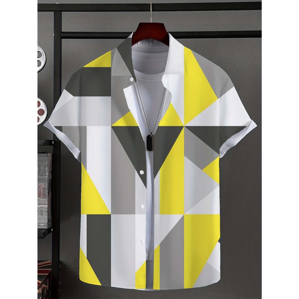 Men's Shirt with Novel Striped Patchwork Pattern Button Up Shirt, Fashionable Unisex Shirt, Vacation Collar Short Sleeved Shirt