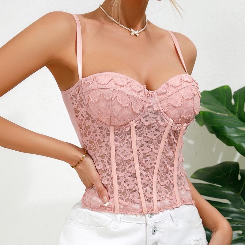 European-American Lace V-Neck Camisole: Sweet, Spicy, with Chest Pad & Steel Ring Waist Support