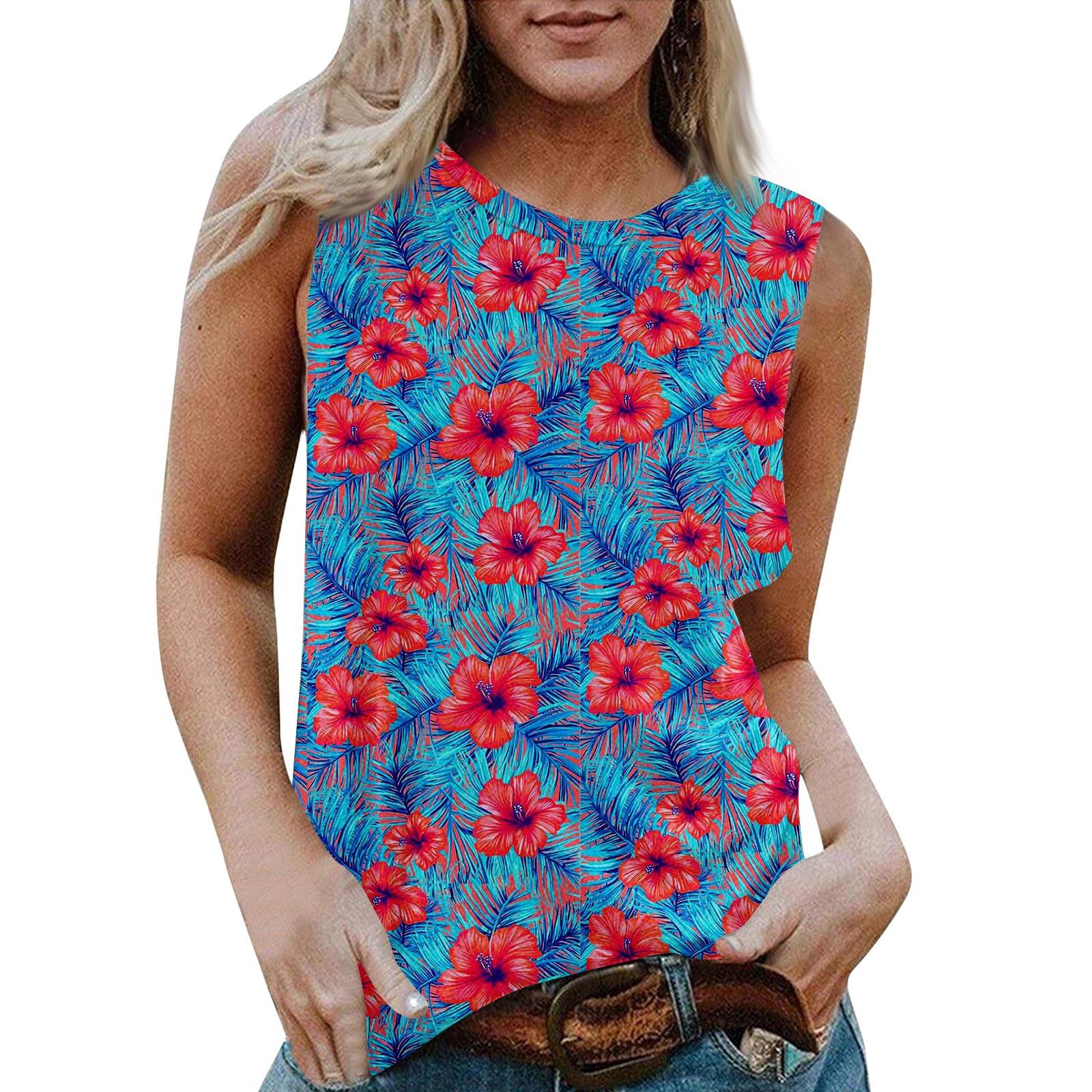 

Женская повседневная футболка без рукавов с круглым вырезом и гавайским принтом S