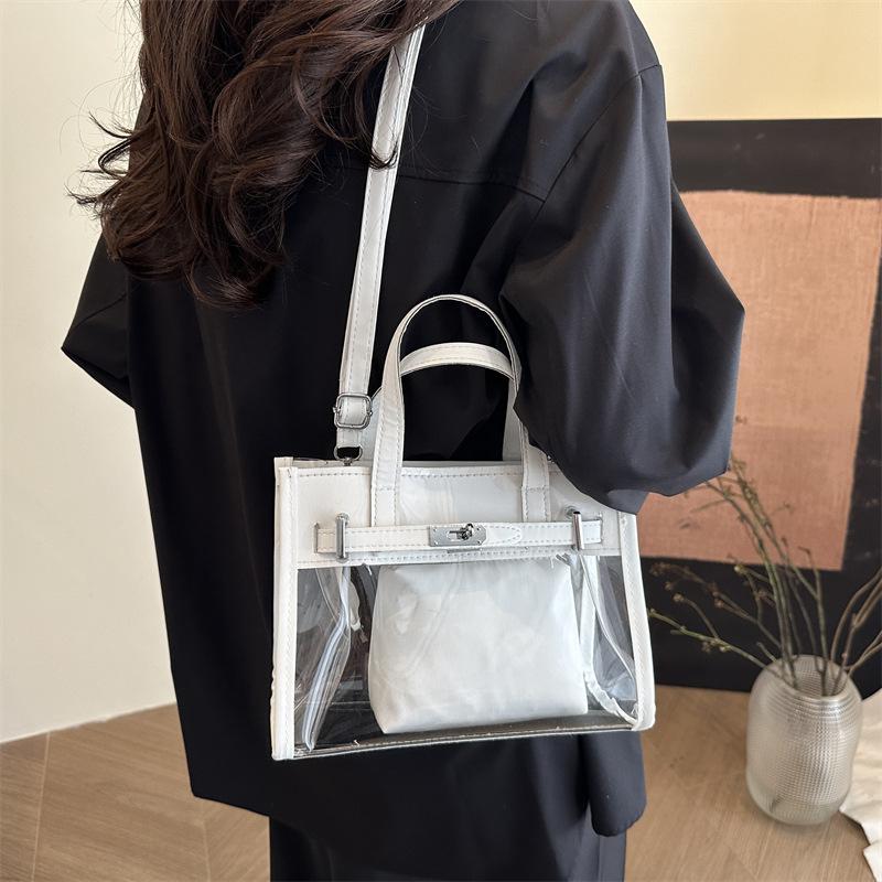 Transparent PVC Jelly Bag Spring 2025 New Mori Soft Girl Fashionable Versatile Portable Messenger Letter Tote Bag