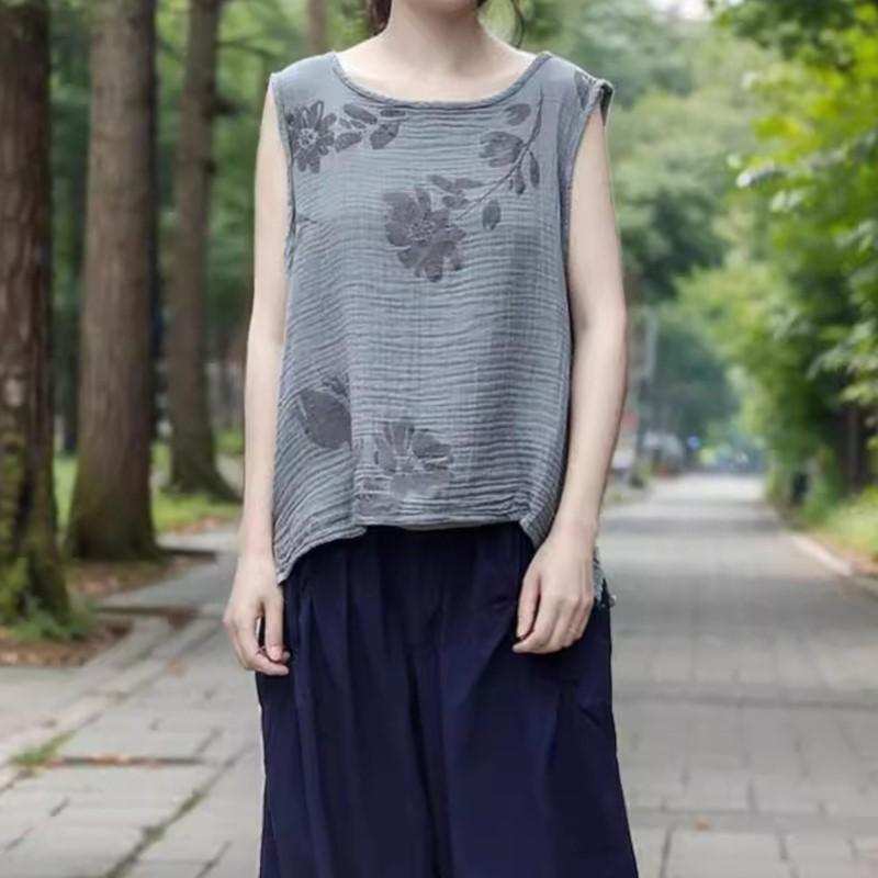 Johnature Vintage Print Floral Tank Tops Women O-Neck Sleeveless Cloths Summer Chinese Style Loose Tank