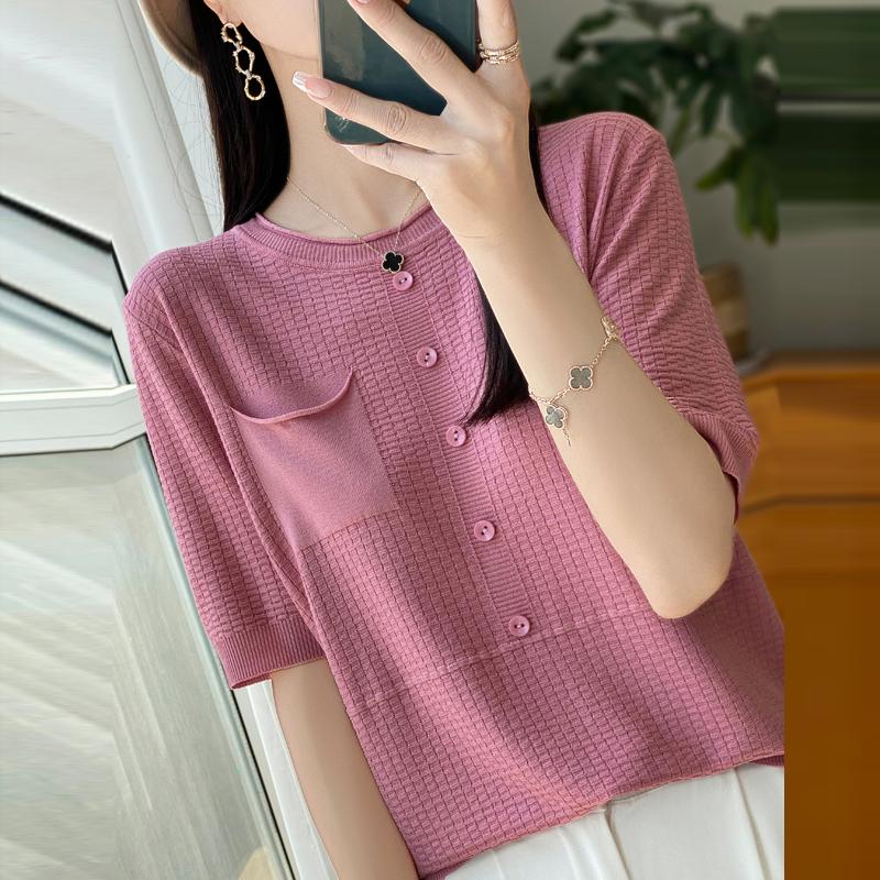 Women Knit T-shirt Summer Knitted Shirt Short Sleeve Tees O-neck Pullover Knit Tops Female
