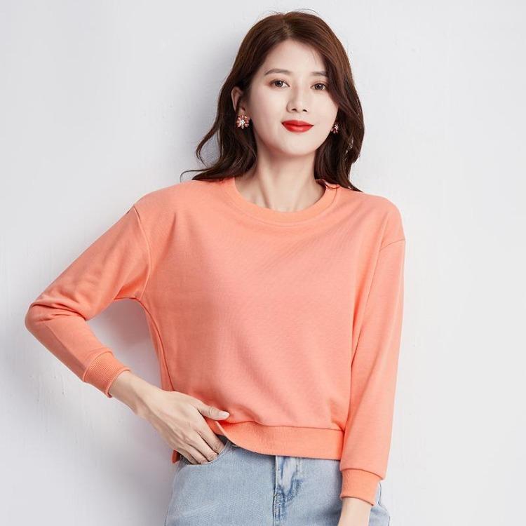 Women Cotton Round Neck Sweatshirt Long Sleeve Slim Pullover Spring Autumn Versatile Tops Jacket S