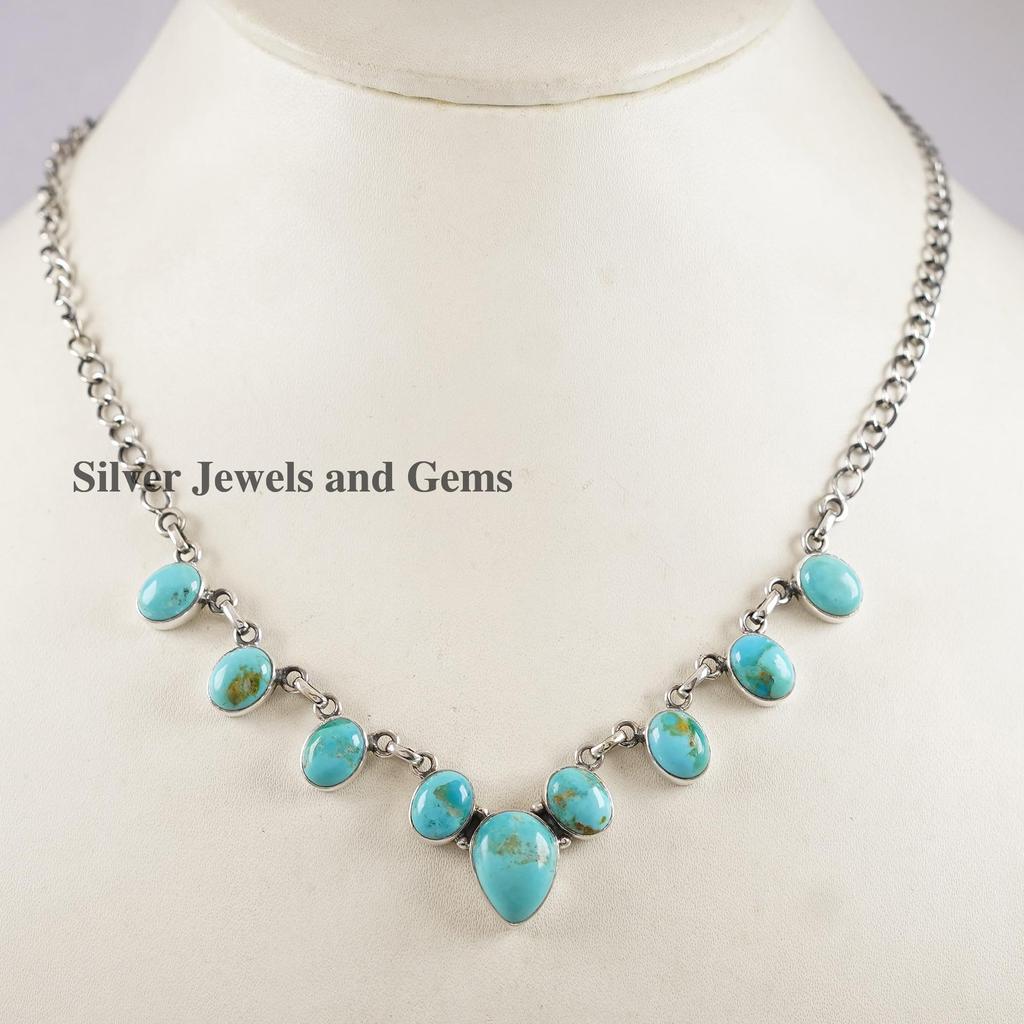 Arizona Turquoise Sterling Silver Chain Necklace: Teardrop & Oval Gemstone Necklace